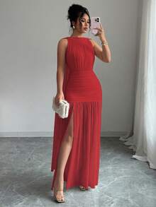 Elenzga Váy suông hở lưng xẻ cao màu trơn dành cho nữ - Đỏ - Xem 3