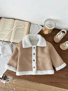 SHEIN Chaqueta casual y linda de contraste de color caqui de sherpa para niñas bebé - Caqui - Ver 3