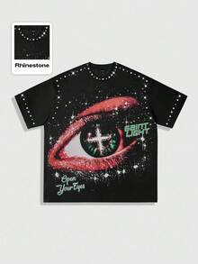 ROMWE MEN Street Life Eye Print Rhinestone Embellished Crew Neck Short Sleeve T-Shirt, Unisex Summer Tops