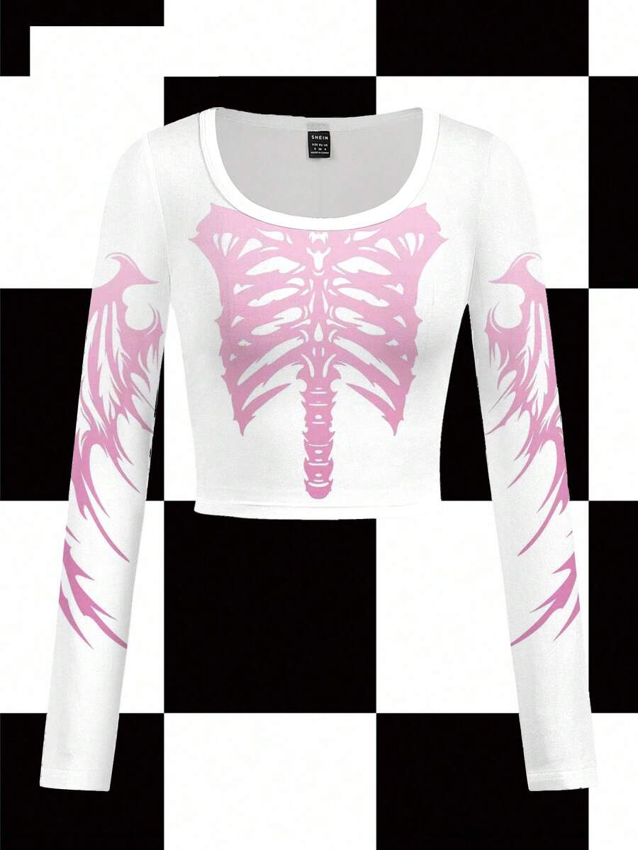 Shutterstock Women's Skeleton & Demon Wings Ombre Print Long Sleeve Round Neck T-Shirt, Suitable For Halloween, Y2K Street Party, Autumn/Winter - White - View 1
