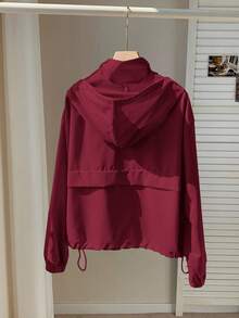 Comfortcana 秋冬女士杏色抽绳口袋编织连帽防晒夹克 - 酒紅色 - 查看 2