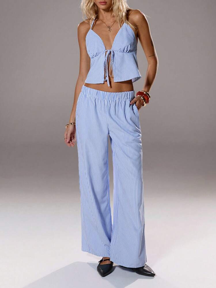 SHEIN Unity Conjunto informal de dos piezas para mujer con top de tanque a rayas y pantalones rectos ajustados elásticos - Azul - Añade 5