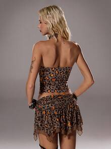 TRNVIE 2 piezas Conjunto ajustado asimétrico con estampado de leopardo marrón sexy y calado para mujer para Halloween - Multicolor - Ver 2