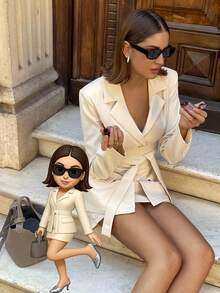 Aloruh 女士两件套纯燕麦色西装套装，优雅的办公室着装，配有腰带、定制夹克和迷你裙 - 卡其色 - 查看 8