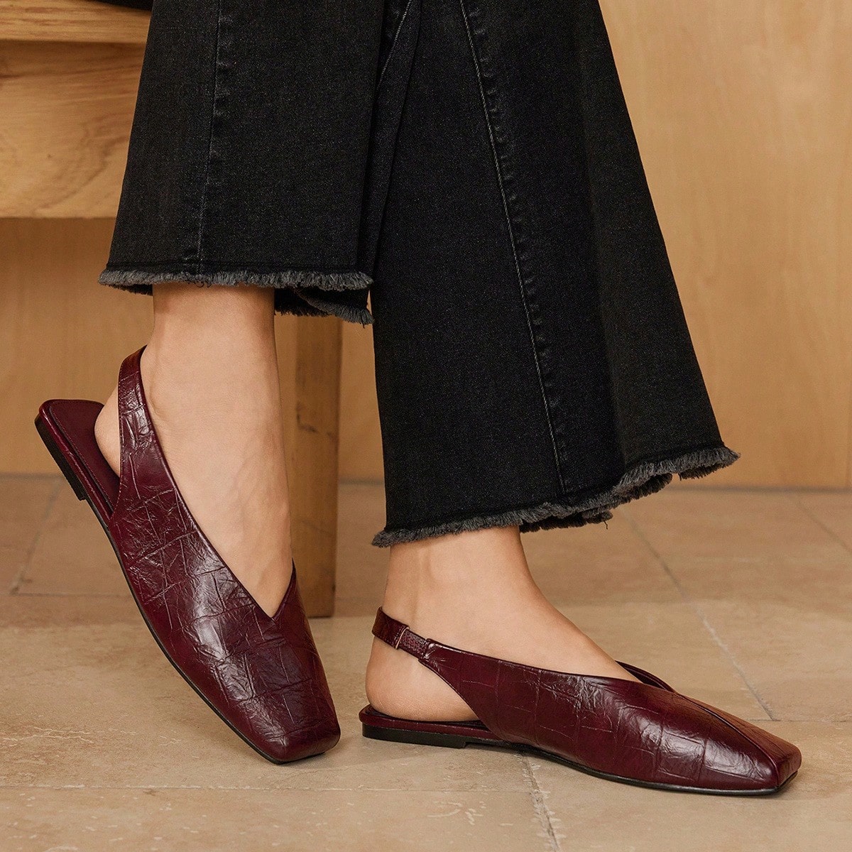 Zapatos de ballet de moda para mujer, zapatos de baile slip-on burdeos, con estampado de piedra en la parte trasera y punta cuadrada, zapatos de bajo