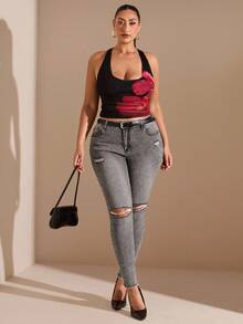 SHEIN BAE Plus Size Distressed Black Skinny Stretch Denim Jeans, Fall Women Clothes - Black - View 5