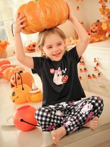 طقم بيجامة قصير الأكمام وبنطال مطبوع بالقرع لفتاة في عيد الهالوين - متعدد الألوان - مشاهدة 5
