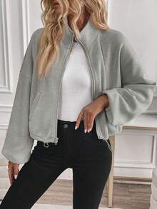 Easowa Women's Zip-Up Drawstring Long Sleeve Warm Fleece Stylish Casual Stand Collar Jacket, Fall Winter - Grey - View 3