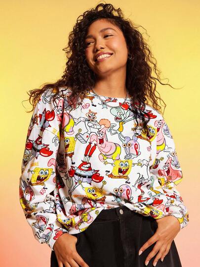 SpongeBob SquarePants | SHEIN 大码卡通图案圆领长袖套头衫