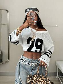 Coolane Girls Knit Striped & Number Printed 3/4 Sleeve Oversized Jersey Cover Up Sweater,Halloween In Fall/Winter