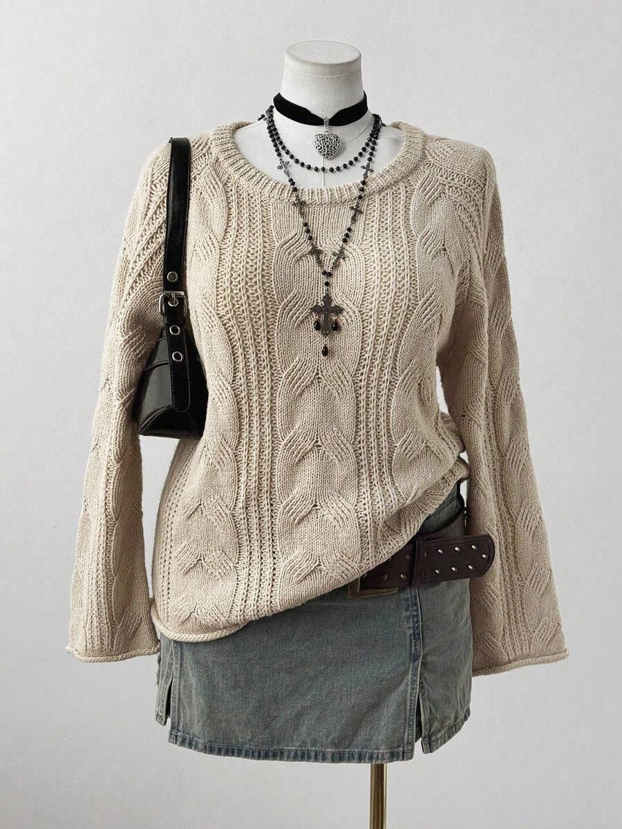 Sunspun Suéter Folgado e Relaxado de Tricô Texturizado Macio e Aconchegante para Outono/Inverno, Gola Redonda Versátil - Damasco - Visão 1