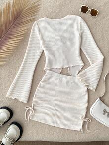 2pcs/Set Teen Girl Loose Casual Minimalist Comfortable Asymmetric Hem Long Sleeve Top And Skirt Set White Two Piece Set Ribbed Skirt Set Two Piece Long Sleeve Set White Skirt Set Teen Two Piece Set Fall Winter