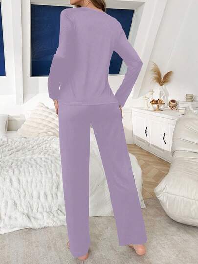 Letter Print Loose Fit Long Sleeve Top Pants Women Pajama Set, Fall Clothes view 2