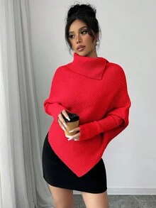 Elenzga 女士经典不对称蝙蝠翼纯色高领毛衣，时尚百搭，适合秋冬季节度假穿着 - 紅色 - 查看 6