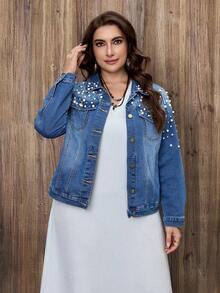 EMERY ROSE Plus Size Casual Vacation Washed Denim Jacket - Medium Wash - View 1