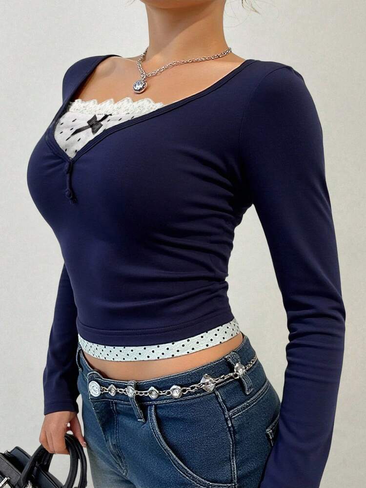 2 In 1 Color-Block Long Sleeve Women Top,Fall Clothes Cute Tops