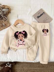 SHEIN Süßer Baby Mädchen gestrickter weicher Pullover Sweatshirt & Hose Set, dickes Lässig Outfit geeignet für Herbst/Winter, Herz, Schleife Dekor, Beige - Beige - Übersicht 5