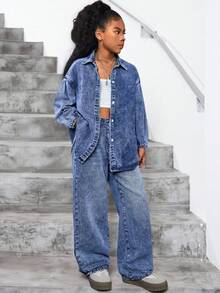 SHEIN 两件套少女时尚休闲蓝色牛仔套装，包括宽松舒适的长款蓝色牛仔衬衫和宽松舒适的直筒牛仔裤，适合少女日常穿着，柔软舒适，也适合秋冬季参加锐舞派对、节日活动、居家穿着、街头风或校园穿着。 - 藍色 - 查看 3