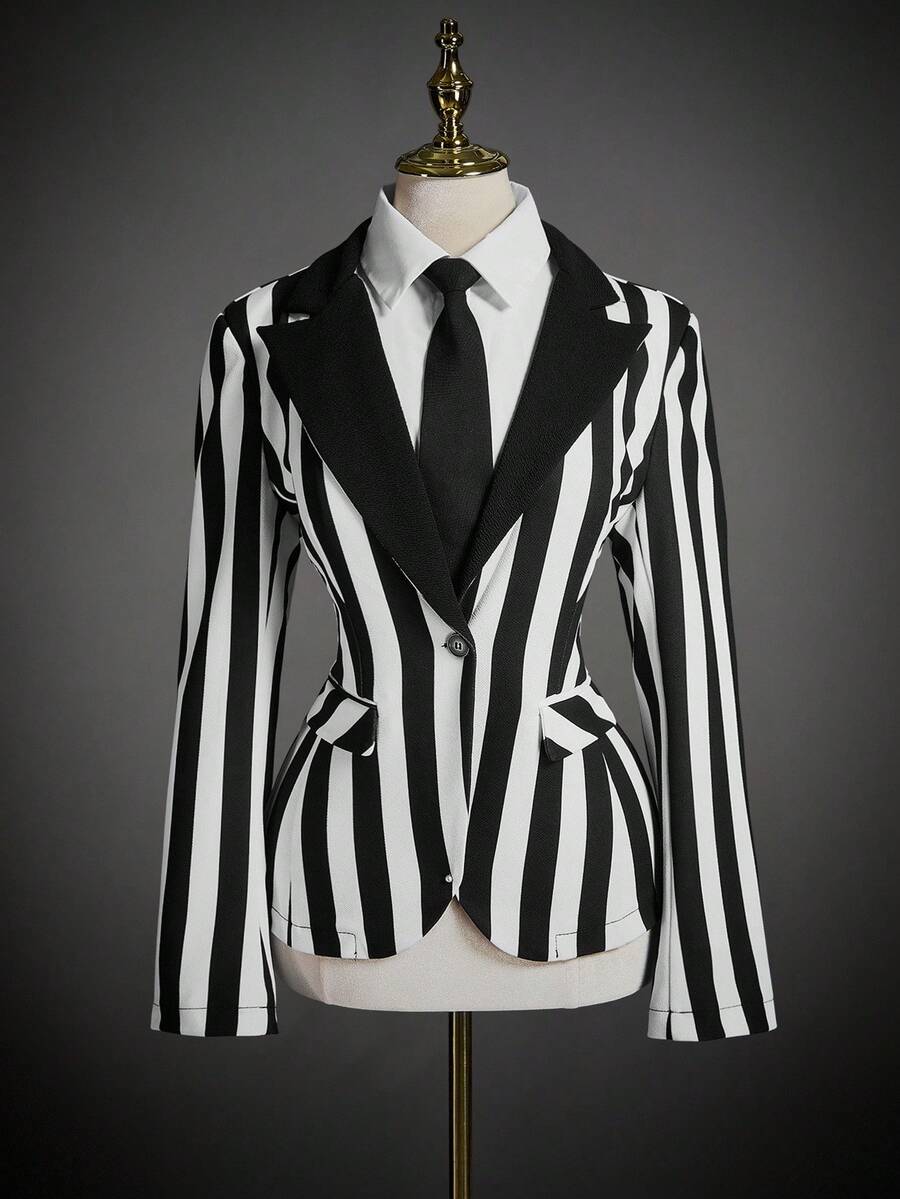 SHEIN ICON Blazer ajustado de mujer con estilo oscuro de rayas negras y blancas para otoño/invierno