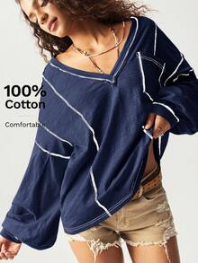 Bohemela 大码女式休闲时尚街头 V 领撞色针脚拼布口袋宽松 T 恤，春/秋 - 藍色 - 查看 3