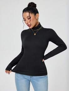 INAWLY High Neck Slim Fit Basic Tee Fall Cloth For Women - Black - View 4