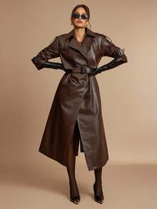 Silquee Women's Coffee Brown Casual Long Sleeve Button Collar Long Trench Coat High Quality Lined Trench Coat Autumn And Winter Women's Halloween Custom Women's Cat Women's Casual Lapel Button PU Coat, Autumn And Winter Imitation Fur Coat, Autumn And Winter Women's Solid Color Winter Fashion PU Coat Jacket Women Christmas, Thanksgiving Suitable For Going Out For Commuting Or Party And Other Occasions,Fall,Brown Jacket - Coffee Brown - View 7