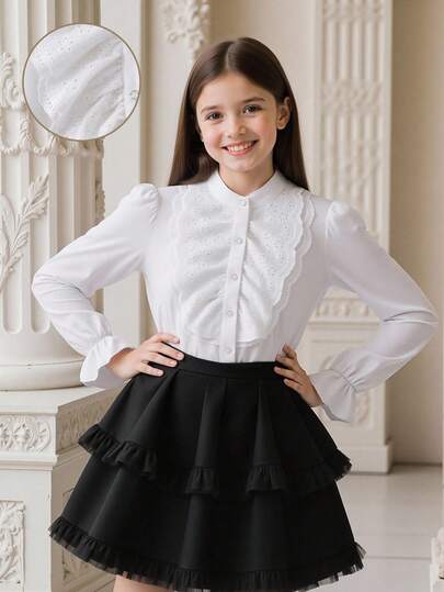 女童复古蕾丝拼布长袖衬衫，时尚白色衬衫，韩版秋冬款