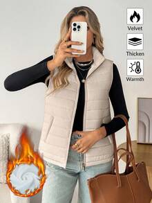 SHEIN LUNE 女士休闲纯色保暖无袖羽绒服，基础款秋冬羽绒背心，适合叠穿，冬季百搭，适合外出穿着，秋季新款，时尚百搭，适合冬季外出穿着。 - 米色 - 查看 3