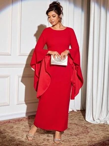 Cravure Christmas Plus Size Women Elegant Party/Date Solid Color Flare Sleeve Long Sleeve Maxi Dress Fall - Burgundy - View 3