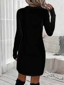 SHEIN LUNE Plus Size Casual Black Round Neck Long Sleeve Twist Hem Dress, Suitable For Autumn/Winter Chic Dress - Multicolor - View 2