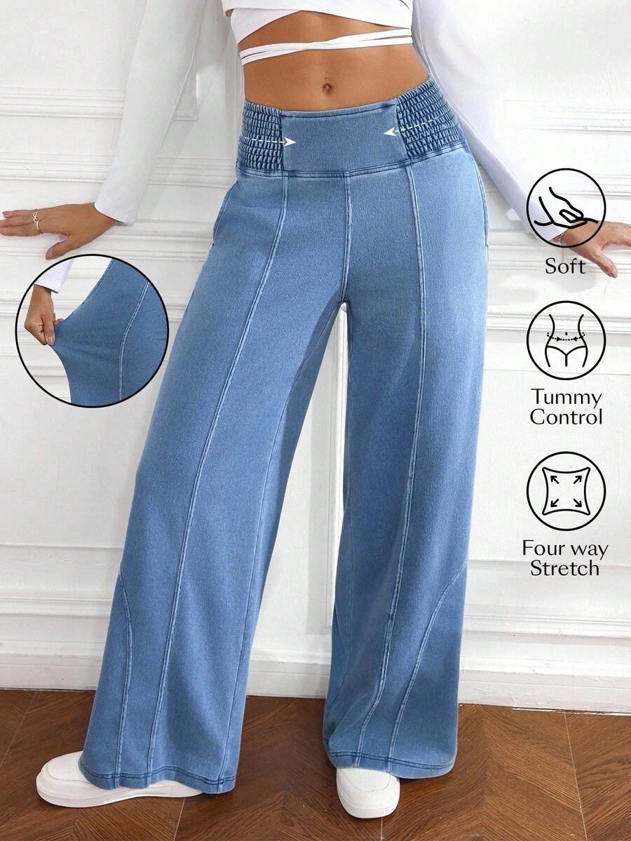 Flexra 女式宽松高腰阔腿休闲牛仔裤 - 藍色 - 查看 1