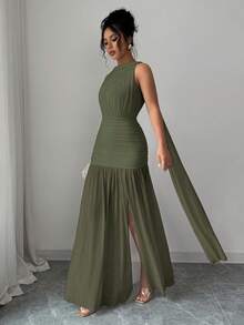 Vestido plisado con abertura y espalda descubierta de unicolor elegante para mujer, de verano - Verde militar - Ver 5