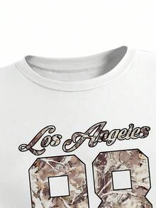 2pcs Set: Numeric Print Top + Camouflage Print Pants, Tween Girls Long Sleeve Waisted Top & Straight Leg Cargo Pants Outfit - Purple - View 4