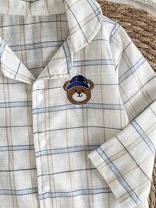 男婴柔软舒适蓝白格子布可爱小熊刺绣长袖连体睡衣新生儿男宝宝连体衣格子婴儿服男宝宝连体衣新生儿睡衣男宝宝新生儿服装新生儿秋装男宝宝冬季连体衣 - 白色 - 查看 7