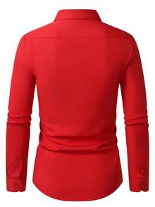 Calvornis 男士纯色简约商务休闲长袖衬衫红色正装衬衫男士商务休闲红色衬衫男士红色纽扣衬衫，适合秋季 - 紅色 - 查看 2