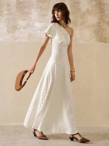 INAWLY Váy chấm bi dài vừa phải cho nữ, vai lệch, ôm sát, gợi cảm và thanh lịch - Màu be - Xem 5