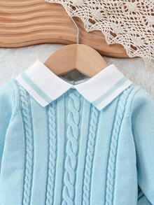 SHEIN Baby/Toddler Cute, Stylish British Style Versatile Autumn/Winter Sweater Top + Sweater Pants Knitted Suit Set, For Outings And Travel Fall - Baby Blue - View 4