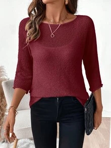 EMERY ROSE Women's Casual Solid Color 3/4 Sleeve Pullover Sweater - Burgundy - View 5