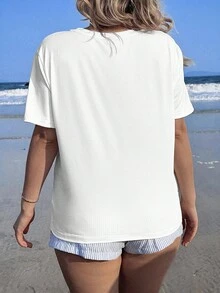 Veykashi 加大码豹纹和樱桃图案圆领短袖宽松T恤，加大码，略显透明，夏季