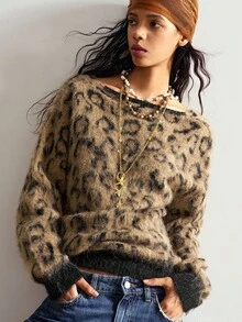 Bohemela 波西米亚风秋冬外套，女士复古红色豹纹斜肩宽松针织套头衫V领毛绒毛衣，西部乡村风格音乐会度假装，适合度假、日常穿着、返校季、圣诞节、新年等场合。 - 黃色 - 查看 4