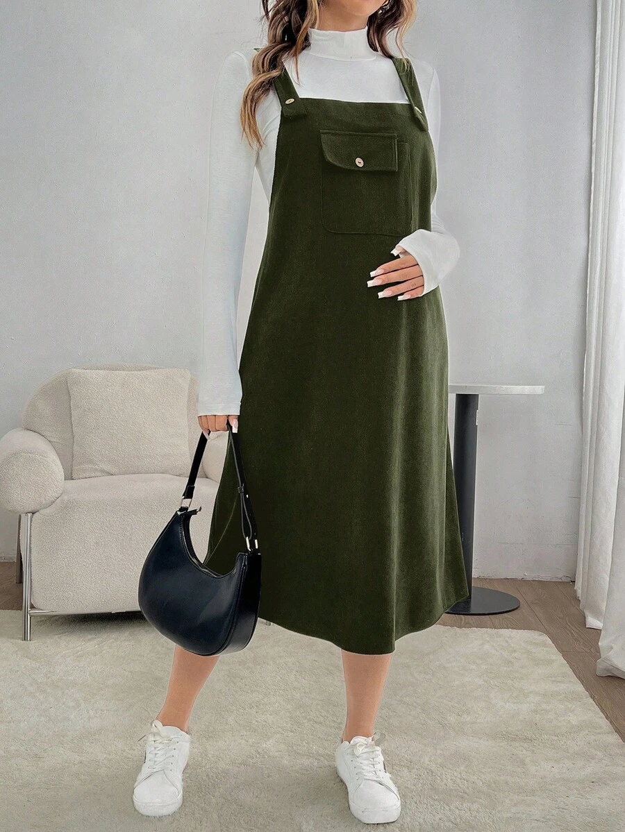 SHEIN 孕妇装翻领口袋吊带直筒长裙 - 軍綠色 - 查看 1