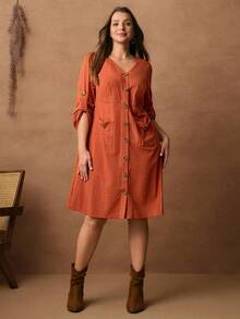 Rosumi Plus Size Casual Loose V-Neck Button Dual Pocket Knee-Length Dress Fall Clothes For Women Fall Clothes Plus Size   Dresses Button Front Dresses For Women Cottagecore Clothes Curve Dresses With Pockets  Dress Autumn Dress,Spring/Summer/Vacation - Burnt Orange - View 5
