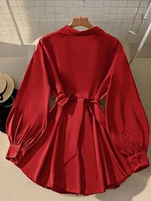 SHEIN Clasi Women Metal Decor Lantern Sleeve Blouse, Elegant And Stylish Fall Cloth For Women - Red - View 2