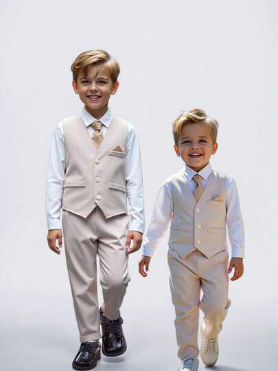 Conjunto de 3 piezas de traje formal de estilo coreano elegante y ajustado para niños preadolescentes, para boda o fiesta. Conjunto de 3 piezas con chaleco color albaricoque, pantalón recto color albaricoque y corbata desmontable