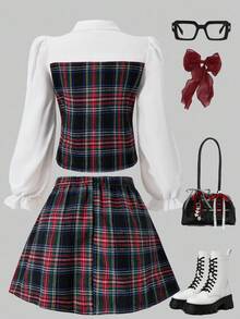 SHEIN Sparklyn Tween Girls Plaid Collared Puff Sleeve Cardigan Top With Elastic Waist Pleated Skirt, Academic Style For Spring & Autumn Fall Winter