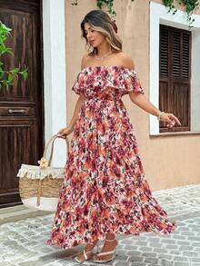 Flirla 浪漫假期雪纺褶饰喇叭短袖长裙 - 白色 - 查看 6