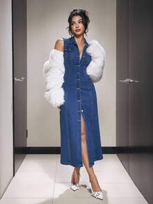 SHEIN PETITE Women's Casual Sleeveless Denim Dress With Lapel And Single-Breasted - Dark Wash - View 4