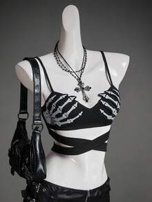 SHEIN ICON Women's Halloween Skeleton Hand Reflective Chest Print Bodycon Camisole Sexy Hollow Out,Black Tops - Black - View 6