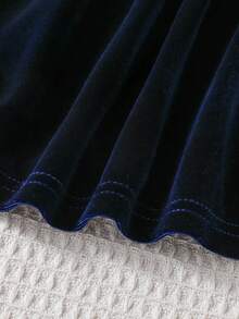 Souflis Souflis 女婴花朵荷叶边蝴蝶结装饰泡泡袖天鹅绒连衣裙，带头巾，可爱优雅，适合日常、度假、休闲穿着 - 藏蓝色 - 查看 5