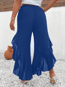 Elenzga Celana Panjang Fashion Elegan Ukuran Plus Warna Polos dengan Hem Berumbai dan Belahan Samping - Teal Blue - View 2